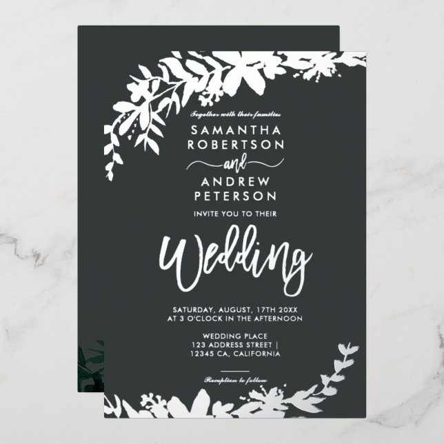 Silver script typography Floral grey wedding (Front/Back)