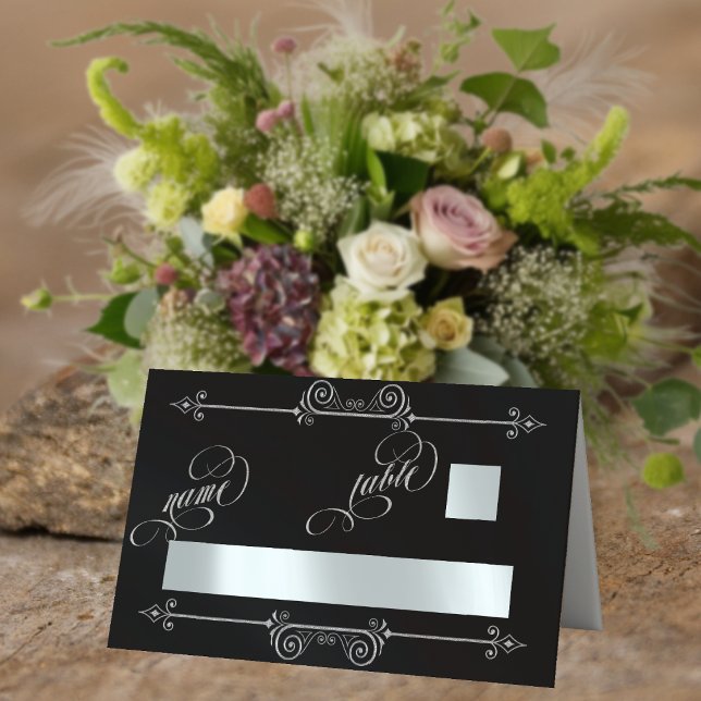 Silver Scroll Border & Calligraphy - Black Place Card (Creator Uploaded)