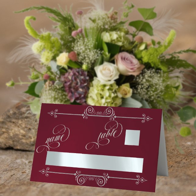 Silver Scroll Border & Calligraphy - Burgundy Place Card (Creator Uploaded)