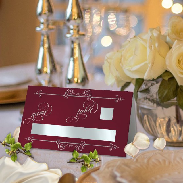 Silver Scroll Border & Calligraphy - Burgundy Place Card (Creator Uploaded)
