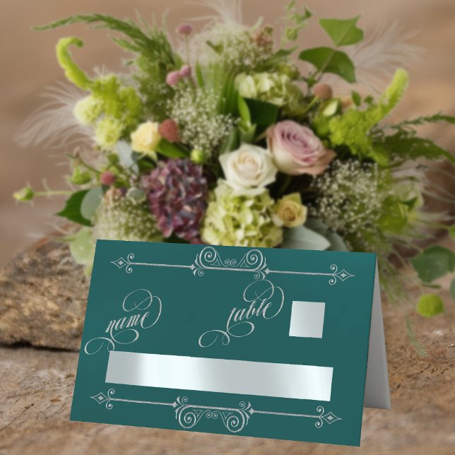 Silver Scroll Border & Calligraphy - Teal Place Card (Creator Uploaded)
