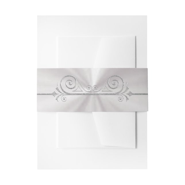 Silver Scroll Design on White Pearl Invitation Belly Band (Front Example)