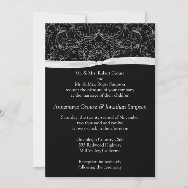 Silver Scrolls and Ribbon Wedding Invitation (Front)