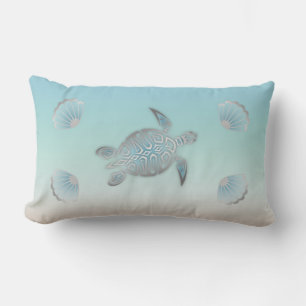Silver Sea Turtle Beach Style Coastal Turquoise Lumbar Cushion