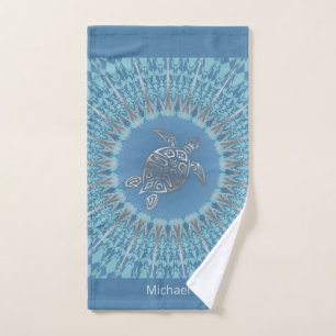 Silver Sea Turtle Blue Mandala Hand Towel