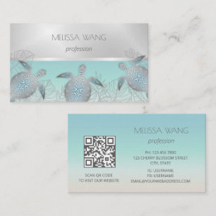 Silver Sea Turtle Coastal QR Code Business Card