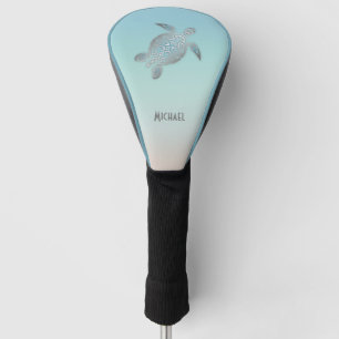 Silver Sea Turtle Turquoise Coastal Monogram Golf Head Cover