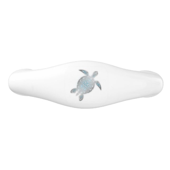 Silver Sea Turtle White Nautical Ceramic Drawer Pull (Front)