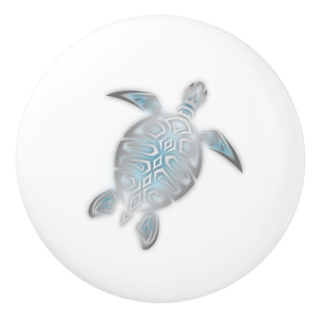 Silver Sea Turtle  White Nautical Ceramic Knob (Front)