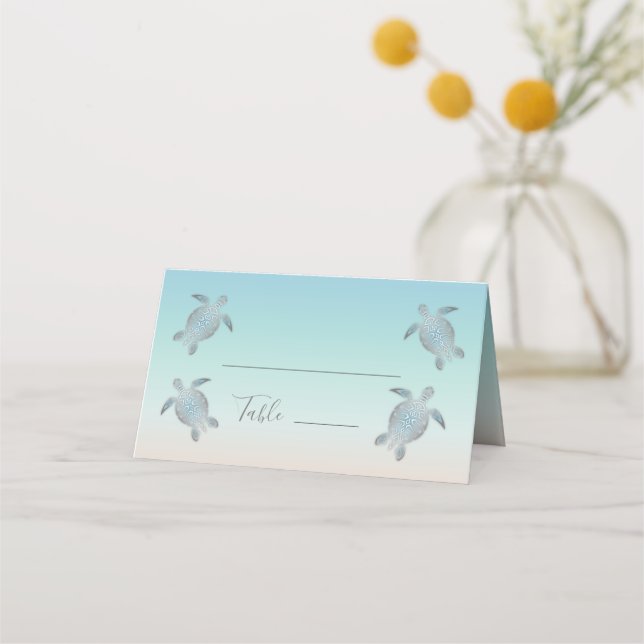 Silver Sea Turtles Beach Wedding Place Card (Front)