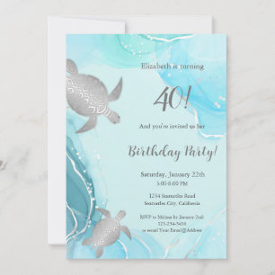 Silver Sea Turtles    Blue Ink   Birthday Invitation
