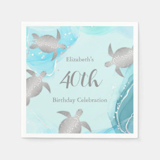 Silver Sea Turtles Blue Ink | Custom Birthday Napkin