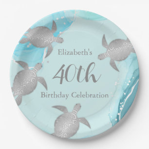 Silver Sea Turtles Blue Ink    Custom Birthday Paper Plate