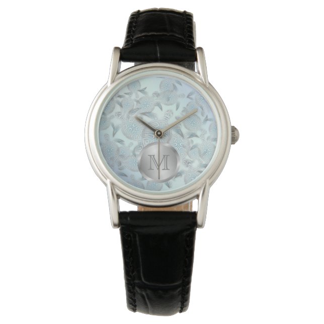 Silver Sea Turtles Pattern Monogram Watch (Front)