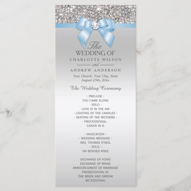 Silver Sequin Baby Blue Bow Wedding Program Programme (Front)