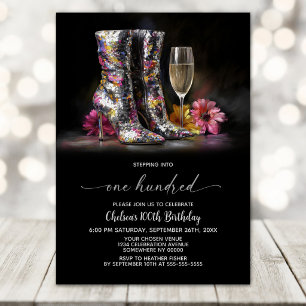 Silver Sequin Boots 100th Birthday Party Invitation