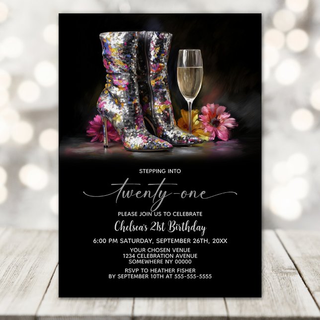 Silver Sequin Boots 21st Birthday Party Invitation (Creator Uploaded)