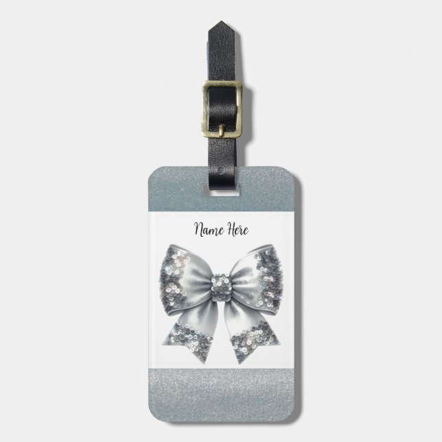 Silver Sequin Bow Silver Glitter  Luggage Tag (Front Vertical)