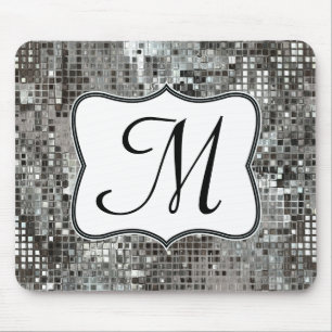 Silver Sequin Dazzle Monogram Initial Mouse Pad