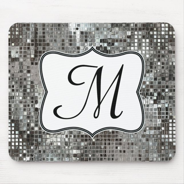 Silver Sequin Dazzle Monogram Initial Mouse Pad (Front)