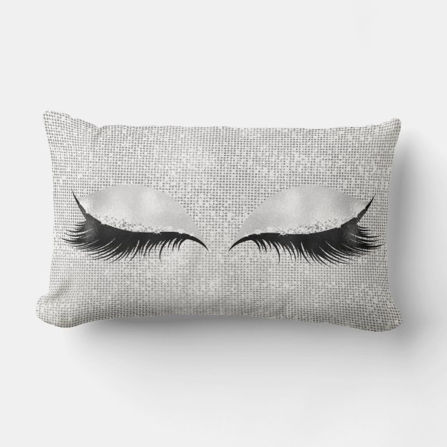 Silver Sequin Glitter Black Glam Makeup Lashes1 Lumbar Cushion (Front)