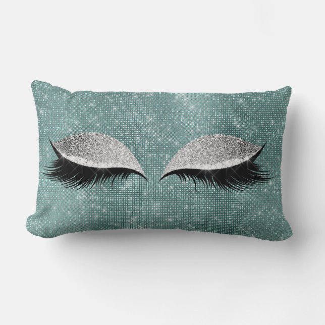Silver Sequin Glitter Black Teal Makeup Lashes Lumbar Cushion (Front)