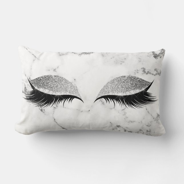 Silver Sequin Glitter Grey Marble Makeup Lashes Lumbar Cushion (Front)