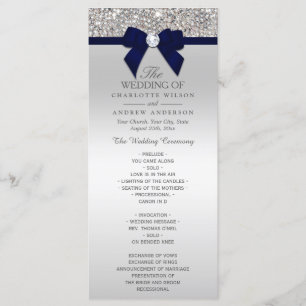 Silver Sequin Navy Blue Bow Wedding Program Programme