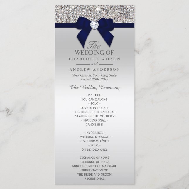Silver Sequin Navy Blue Bow Wedding Program Programme (Front)