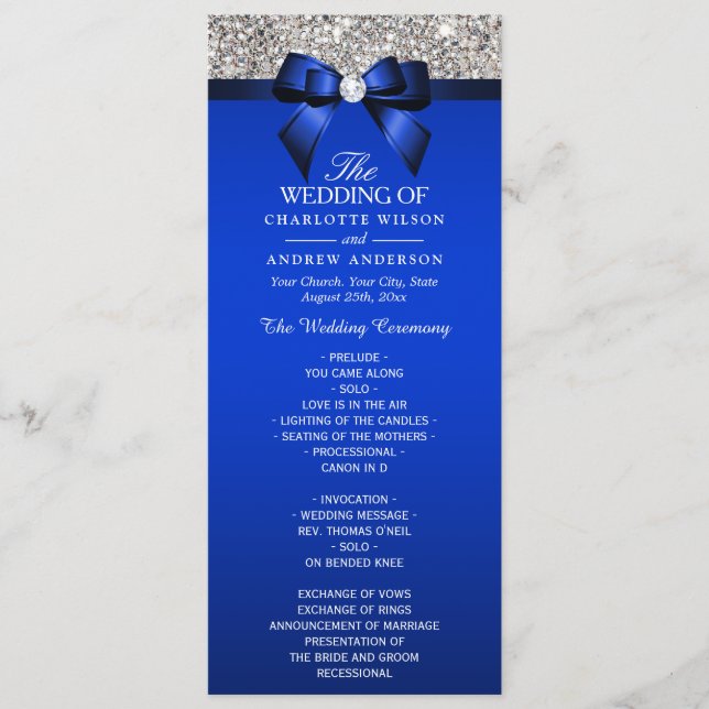 Silver Sequin Royal Blue Bow Wedding Program Programme (Front)