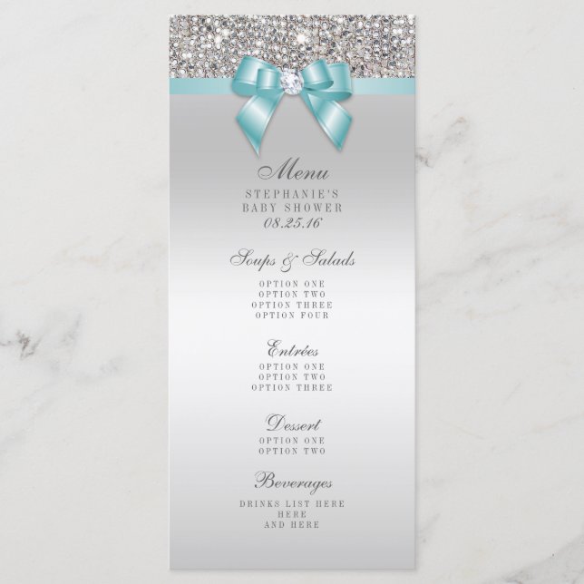 Silver Sequin Teal Bow Baby Shower Menu (Front)