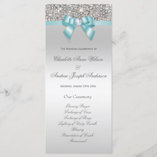 Silver Sequin Teal Bow Wedding Program Programme