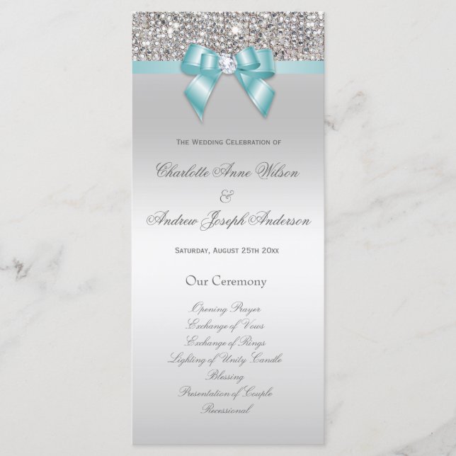 Silver Sequin Teal Bow Wedding Program Programme (Front)