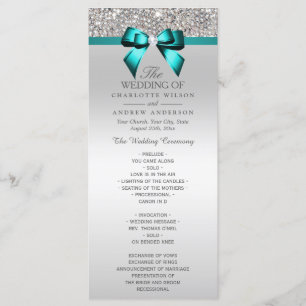 Silver Sequin Teal Diamond Bow Wedding Program Programme