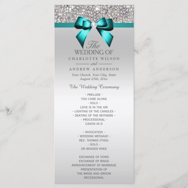 Silver Sequin Teal Diamond Bow Wedding Program Programme (Front)