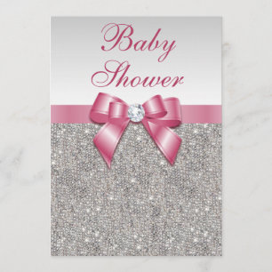 Silver Sequins and Bow Girls Pink Baby Shower Invitation