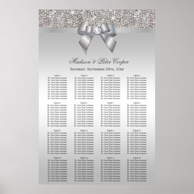 Silver Sequins and Bow Wedding Seating Chart (Front)
