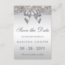 Silver Sequins Bling Bow Save The Date Baby Shower