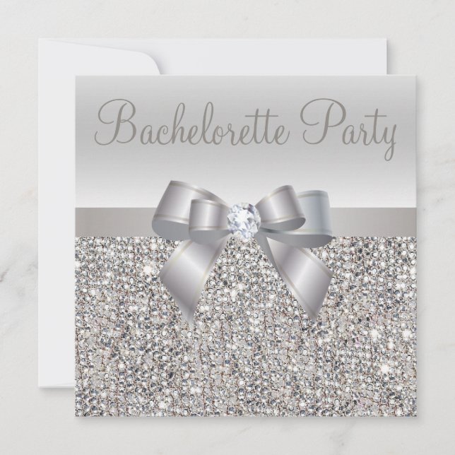 Silver Sequins, Bow & Diamond Bachelorette Party Invitation (Front)