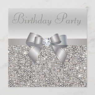 Silver Sequins, Bow & Diamond Birthday Party Invitation