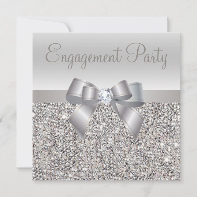 Silver Sequins, Bow & Diamond Engagement Party Invitation (Front)