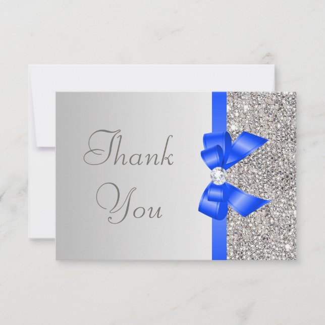 Silver Sequins Diamond Blue Bow Wedding Thank You Card (Front)