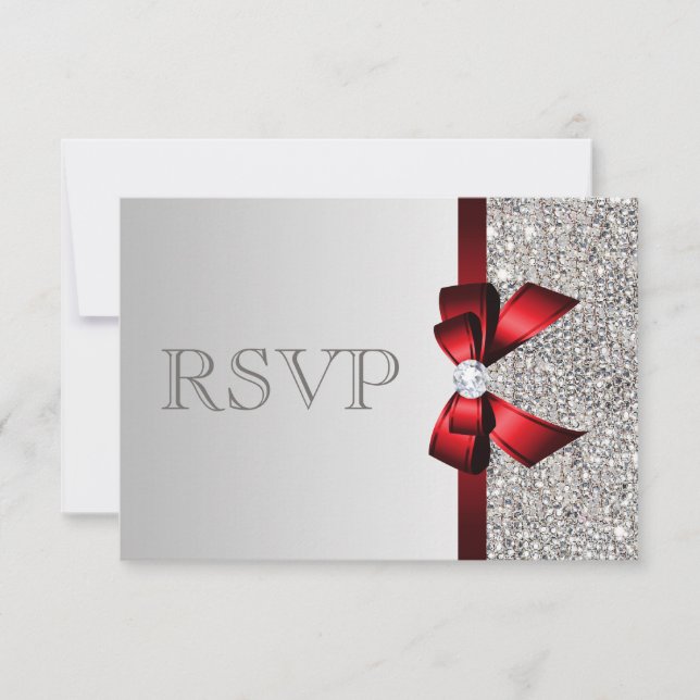 Silver Sequins Diamond Red Bow Wedding RSVP (Front)