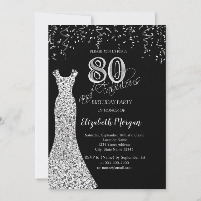 Silver Sequins Dress Glitter Border 80th Birthday  Invitation (Front)