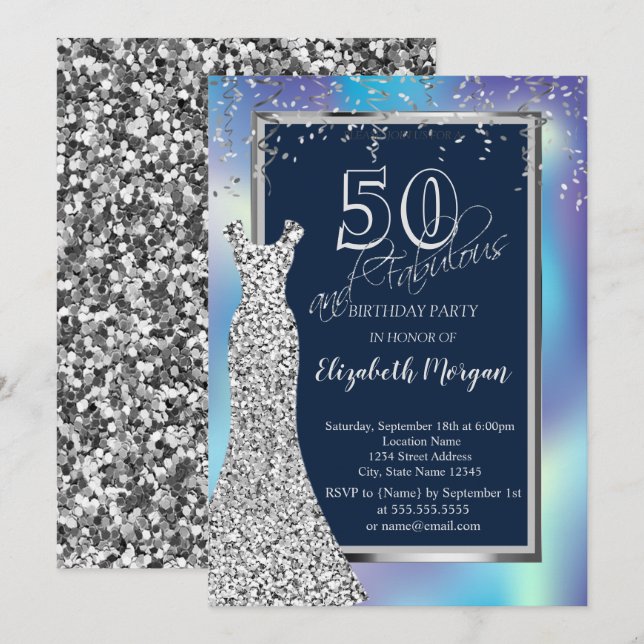 Silver Sequins Dress Holographic 50th Birthday Invitation (Front/Back)