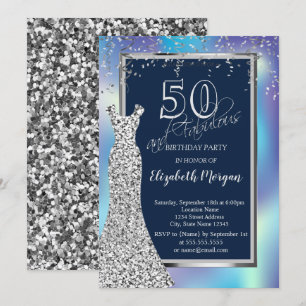 Silver Sequins Dress Holographic 50th Birthday Invitation