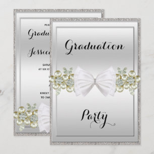 Silver Sequins, Floral Gems & Bow Graduation Invitation