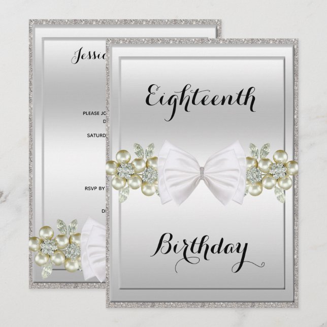 Silver Sequins & Floral Gems Glitter Bow Birthday Invitation (Front/Back)