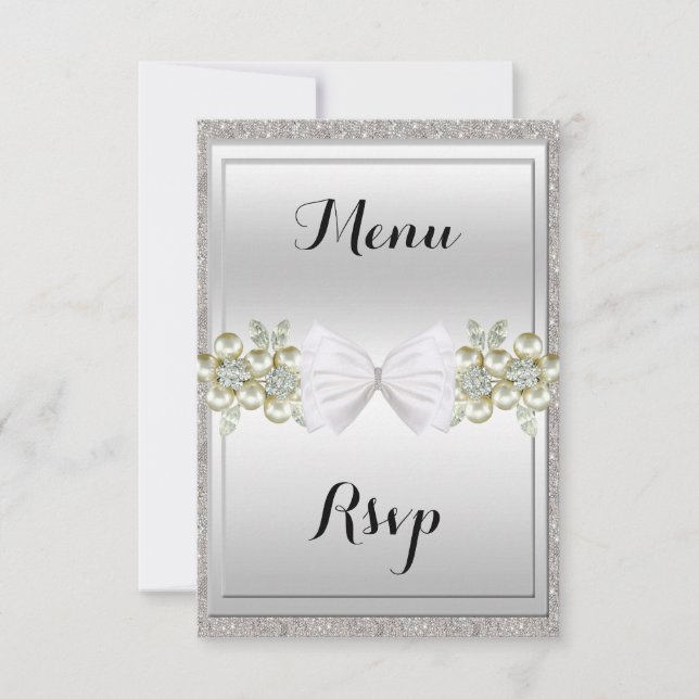 Silver Sequins & Floral Gems Glitter Bow Menu RSVP (Front)