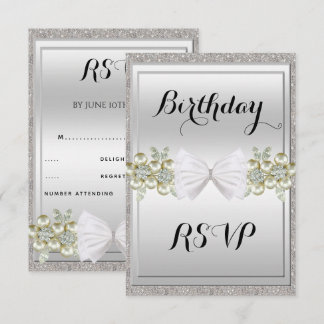Silver Sequins & Floral Gems Glitter Bow RSVP Invitation